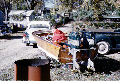 Twin Engine outboard motors, engines, trailer, Ford Fairlane, car, 1950s