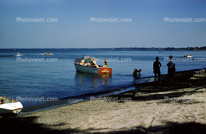 Beach, boat, sand, lake, 1950s