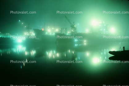Floating Drydock, night, nighttime, foggy, lights