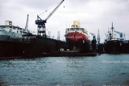 Floating Drydock, redboat, redhull, crane, Rotterdam Netherlands, July 1965, 1960s