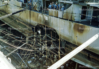 Hole in the Hull, scaffolding, USS Burton Mine Damage, Yokosuka Japan