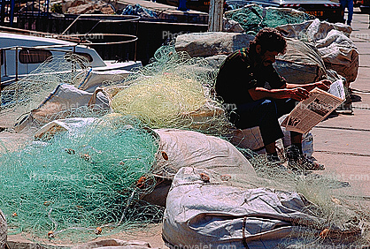 Man Reading Newspaper, Harbor, Dock, Fishing Net, harbour, Acre, Israel, Akko