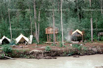 tents, house on stilts, log cabin, Tanana River, Fairbanks