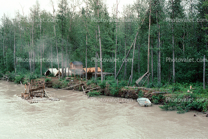 Fish Wheel, house, forest, Tanana River, Fairbanks