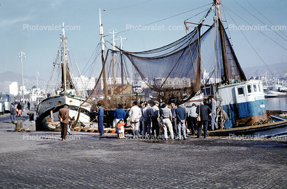 Dock, Nets, Men, Boats