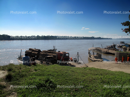 Logging Truck, deforestation, Ferryboat, Puerto Maldonado, Amazon, Peru