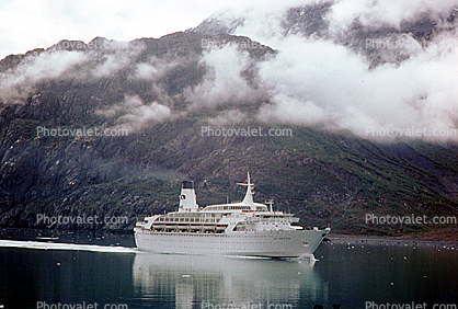 Sun Princess, cruise ship, reflection, hills, clouds, Glacier Bay, 1950s