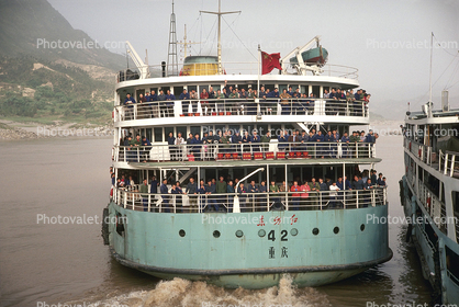 Rear view of a ferry boat, Ferry, Ferryboat, Yangtze River, 1950s