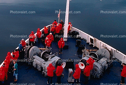 Ships Bow, people in red jackets