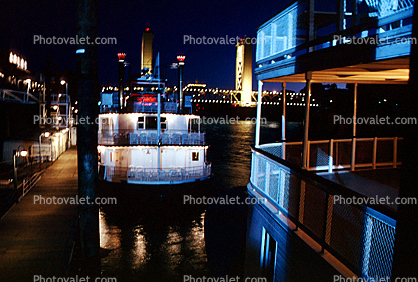 waterfront, paddle wheel steamboat on the Sacramento River, Old Town, Tower Bridge, Dock, Twilight, Dusk, Dawn