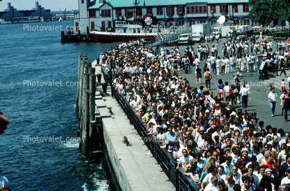 Line Waiting for Statue of Liberty tour boats, summer, tourboat