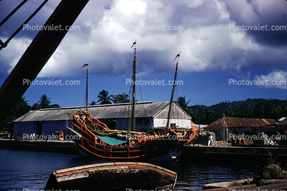 Docks, warehouse, buildings, Tobago, August 1959, 1950s