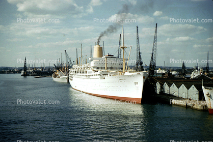 SS Iberia, Pier, smoke, cranes, harbor, ocean liner, Himalaya-class cruise ship, July 1959, 1950s