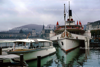 Paddle Sidewheel Steamer PS Gallia, head-on, Lake Lucerne, (Vierwaldstattersee), Switzerland, Dock, June 1975, 1970s