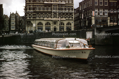 sightseeing boat, canal, buildings, water, Egbert Kortenaer, Amsterdam Harbor, 1950s