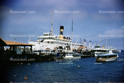 Dock, boats, Avalon Harbor, Catalina, SS-Catalina, 1958, 1950s