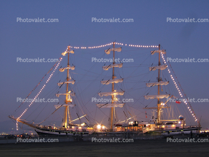 Pallada, three-masted full-rigged ship, three-masted frigate, Russian, Russia, Docks, Twilight, Panorama, Dusk, Dawn