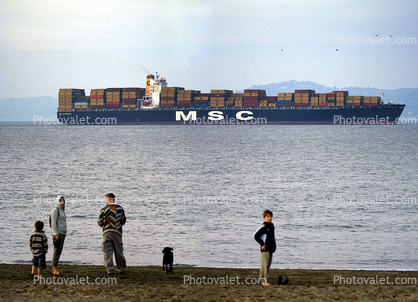 MSC Marianna Containership fully loaded, IMO: 9226920, People on the Beach