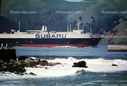 Subaru, car transport, carrier, San Francisco Bay, Fort Point, Waves, Rocks, Surfer