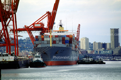 Donghe, IMO 8806101, Seattle Harbor, Gantry Crane, Dock, Harbor, tugboat, buildings