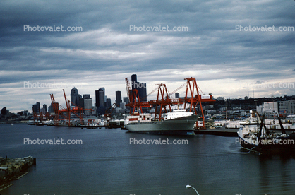 Skyline, clouds, Seattle Harbor, Gantry Crane, Dock, Harbor