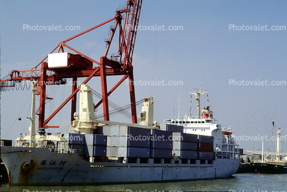 Han Jiang He, IMO: 8321826, Gantry Cranes, Dock, Shanghai Harbor, 1987, 1980s