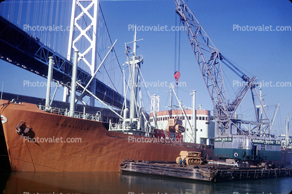 Bronxville, San Francisco Oakland Bay Bridge, redboat, redhull, Smith-Rice Co., Crane, Barge, 1970, 1970s