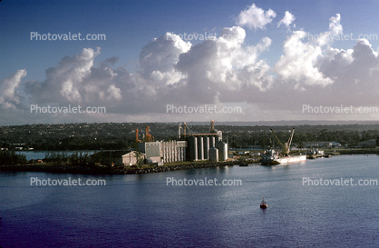 Bridgetown Harbor, Barbados, clouds, silos, docks