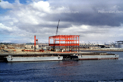 Barges, dock, steel frame, crane, 1961, 1960s