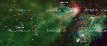 large celestial mosaic taken by NASA's Spitzer Space Telescope with Labels