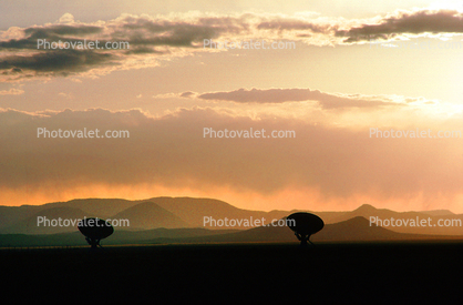 Radio Dish Antennas in The Sunset and Mountains, VLA