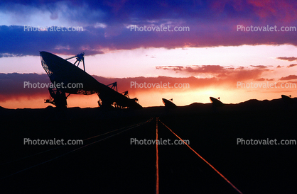 Radio Dish Antennas at the VLA, Sunset, Rail, Clouds