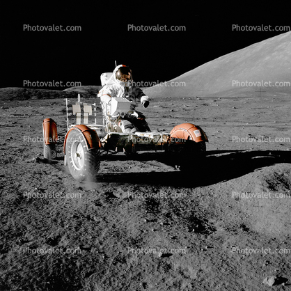 Apollo 17 Lunar Roving Vehicle, LRV, hills, moon dust