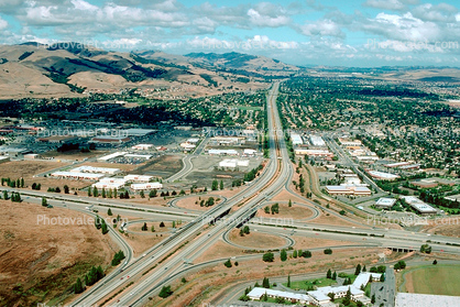 Cloverleaf Interchange, overpass, underpass, freeway, highway, Interstate Highway I-680, I-580, looking north towards San Ramon