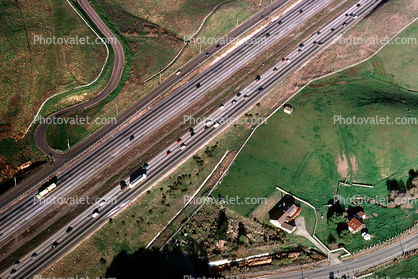 Interstate Highway I-580, fields, homes, house, Castro Valley