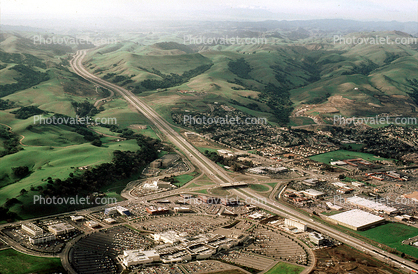Cloverleaf Interchange, Interstate Highway I-580, Foothill Blvd, looking west, Foothill Shopping Center, Castro Valley, hills, winter, mall, buildings