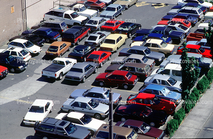 Parking Lot full, parked cars, stalls, automobile, sedan, Portland