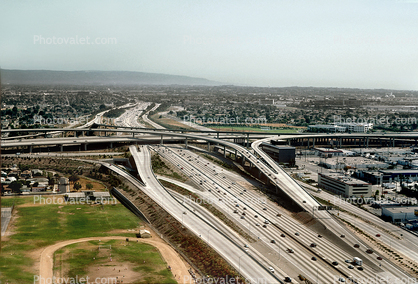 Stack Interchange, Interstate Highway I-405, I-105, Imperial Highway, LAX, Maze, tangle, overpass, underpass, complex, cars, traffic, freeway