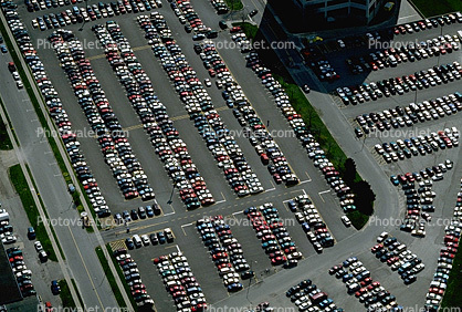 Parking Lot full, parked cars, stalls, automobile, sedan, streets, road