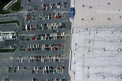 parked cars, stalls, sedan, warehouse roof, Parking Lot, shopping center, mall, buildings