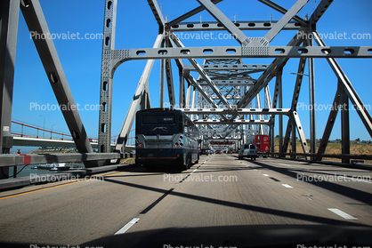 Greyhound Bus 86358, Motor Coach Industries D4505, MCI, Interstate Highway I-80, California, Bridge