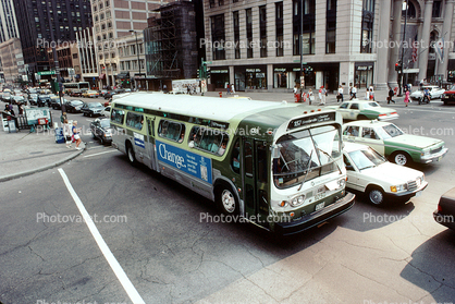GMC Bus, cars, intersection, busy Downtown, CTA