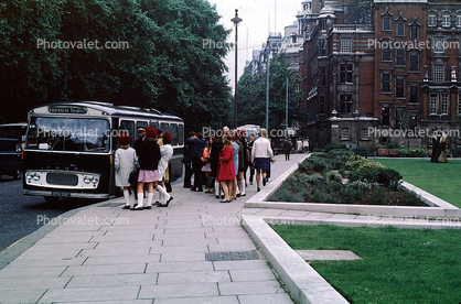 Ford Bus, Overseas Tourists, Sidewalk, Garden, Buildings, 1968, 1960s
