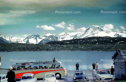 Swiss Alps, Lake, Snow, Car, Vehicle, Automobile, 1961, 1960s