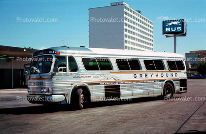Greyhound Bus 4664, Scenicruiser, Bus Station, Depot, buildings, Akron Ohio, December 1975