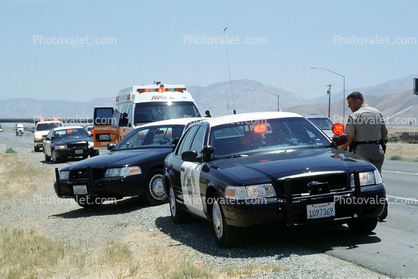 CHP, Ambulance, car and truck accident, Interstate Highway I-5 near Grapevine, California