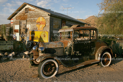 Ford Model-A, Rusty, Rust, Whitewalls, Shell Gas Station, automobile, A-bone