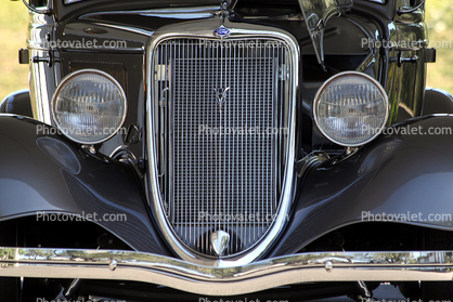 Radiator Grill, Headlamps, headlights, Chrome, Five-Window Coupe, Ford, 1934, head-on, 1930's
