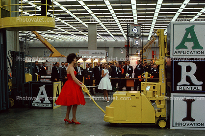 Woman with a Red Dress, Model, dress, Heavy Equipment Convention, Clark Forklift, industry, July 1962, 1960s