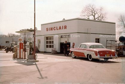 Sinclair Gas Station, Pumps, Building, Dodge Car, 1950s